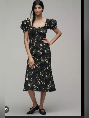Maeve Anthropologie Linen Blend Floral Puff Sleeve Sweetheart Midi Dress Size L